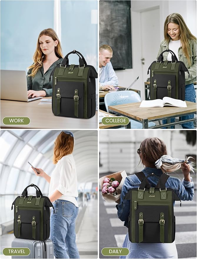 LOVEVOOK Laptop Backpack for Women Work Travel Backpack Purse, Nurse Bags Teacher Doctor Commuter Business Computer Bag, College Backpack Stylish Daypack, 15.6 Inch, Black-army green-army green