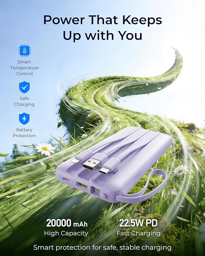 VRURC Portable Charger Slim 20000mAh Power Bank,22.5W PD Fast Charging Travel Essentials Powerbank 4-Built-in-Cables&2 Extra Ports Compatible with iPhone,iPad,Galaxy,Android (Purple)