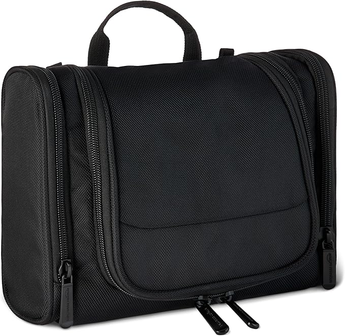 Amazon Essentials Spacious Toiletry Bag, Hanging Cosmetic Dopp Kit with Multiple Compartments, Durable 1680D Polyester, Large Capacity Storage, Compact Design, Black (Previously Amazon Basics)