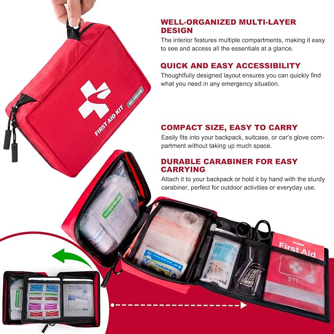 300 Piece First Aid Kit, Compact Waterproof First Aid Bag with 9 Organized Compartments, Portable Emergency Supplies Kit for Outdoor, Camping, Hiking, Car, Home, Travel, Office