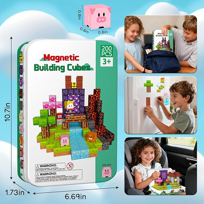 Magnetic Blocks Travel Magnetic Building Blocks Cubes - 200 PCS Tin Box Magnet Toys Set STEM Educational for Kids Ages 3 4 5 6 7 8 9 10 11 12 Year Old Boys Girls Gifts Birthday Christmas