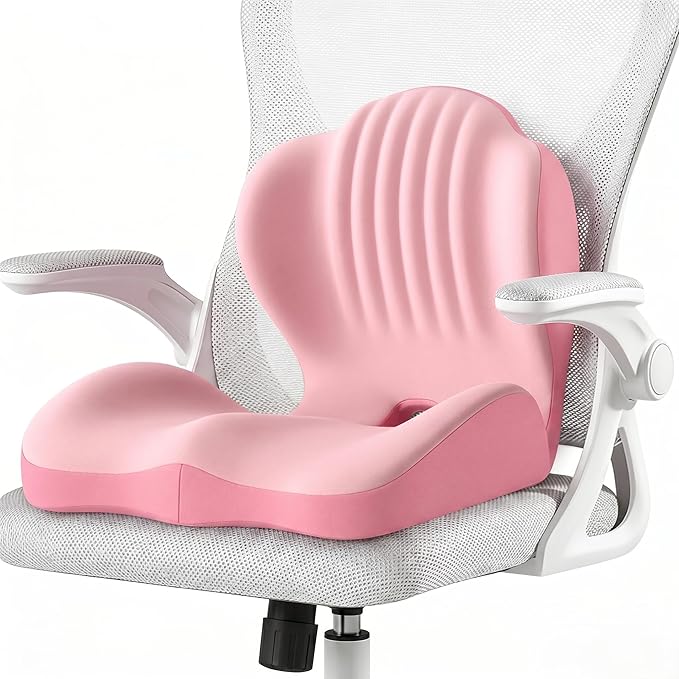Ergonomic Seat Memory Foam Support Cushion for Back, Car Seat Back Support Cushion for Sciatica Tailbone Pain, Office Desk Chair Car Travel Seat Cushion (Pink)