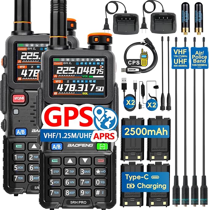 Ham Radio BAOFENG Radio 5RH PRO GPS APRS 10W High Power(4PCS Batteries, 8 Antennas) Walkie Talkies Long Range, Air Band, NOAA Emergency Weather Alarm for Survival Gear Hunting Camping 2 Pack Full Kit
