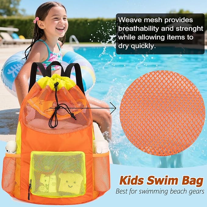 Swim Bag for Kids Mesh Beach Backpack for Boys Lightweight Drawstring Beach Bag Swimming Pool Sports Gym String Bag (Orange)