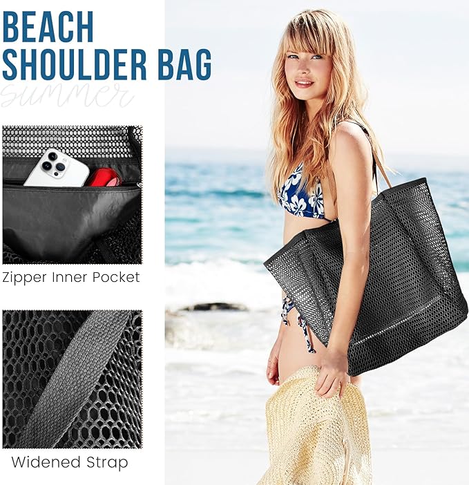 HOHOM Beach Bags for Women, Summer Travel Mesh Tote Bag with Large Inner Pocket, Sandproof Woven Shoulder Handbag