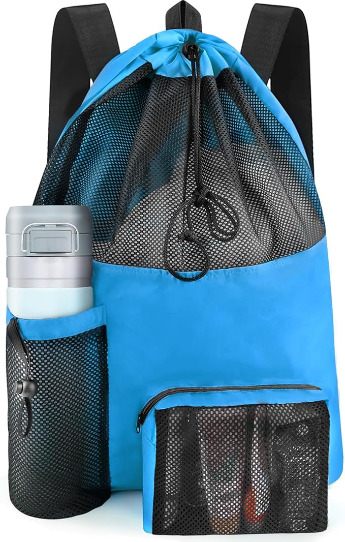 HOHOM Swim Mesh Beach Bag, Waterproof Gym Bags for Women and Men, Large Pool Bag Swimming Gear Drawstring Backpack