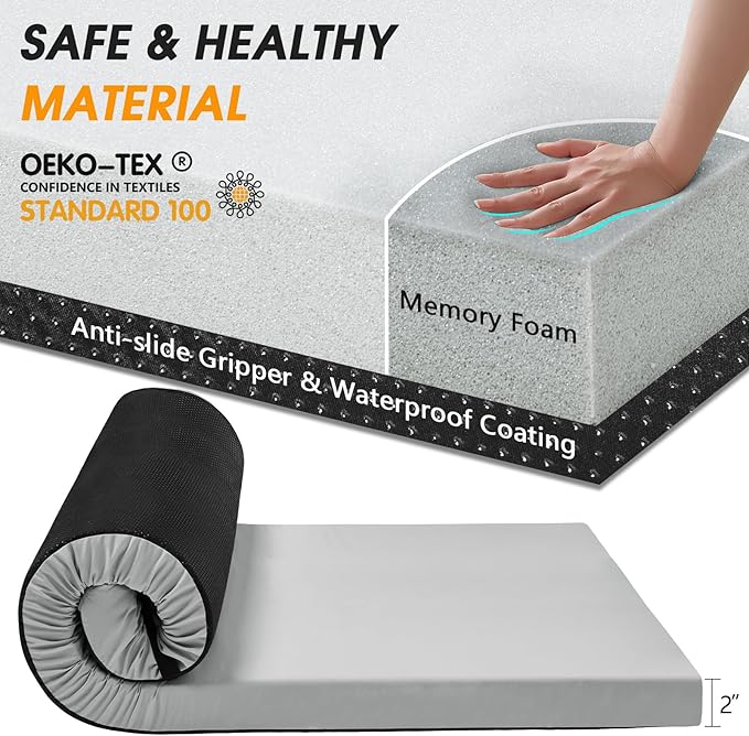 CYMULA Camping Cot Mattress 2in Memory Foam Sleeping Pad,Soft Warm Non-Slip Camping Mattress Topper with Retaining for Adults,Portable Roll up Pad for Travel（only Mattress）
