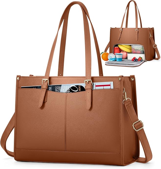 Laptop Bag for Women with Insulated Lunch Compartment 15.6 Inch Pu Leather Work Tote Computer Briefcase Bag for Office