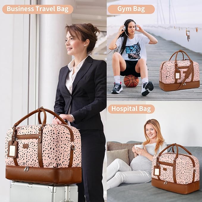 Wogarl 4PCS Weekender Bags for Women Large Overnight Weekend Travel Duffel Carry on Shoulder with Shoe Compartment Canvas Toiletry Bag for Travel Business Gym