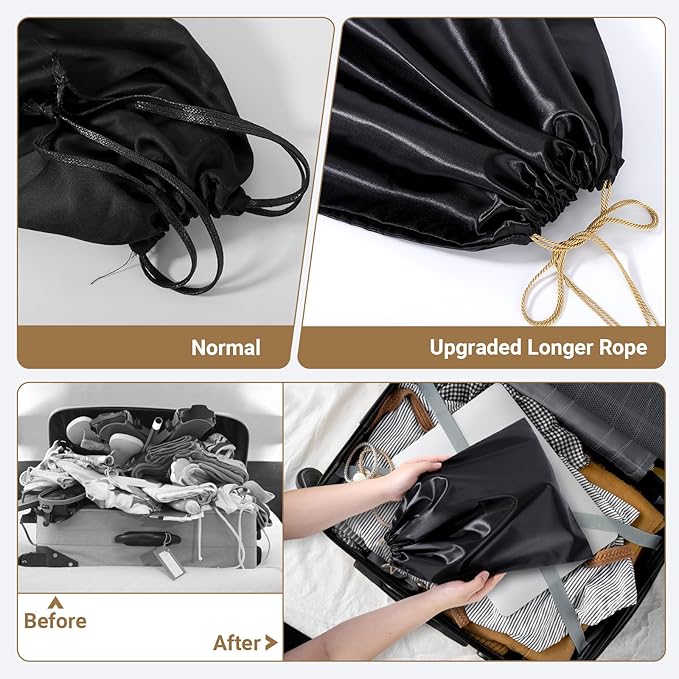Ewen Small Medium Large Satin Drawstring Dustbags with Tags, 3 Pack Dustproof Travel Essentials Organizer Bags for Handbags, Black Packing Bags for Closet Home Storage Jewelry Shoes Purse Organization