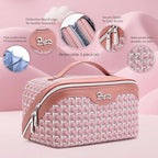 BOYATU Travel Makeup Bag Cosmetic Bags for Women: Large Capacity 3 Pcs Set Make up Bag with Compartments - Waterproof Vegan Leather Toiletry Organizer Bags with Handle (M-79Pink)