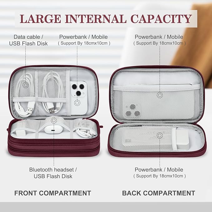 FYY Electronic Organizer, Travel Cable Organizer Bag Pouch Electronic Accessories Carry Case Portable Waterproof Double Layers Storage Bag for Cable, Charger, Phone, Earphone, Medium Size, Wine Red