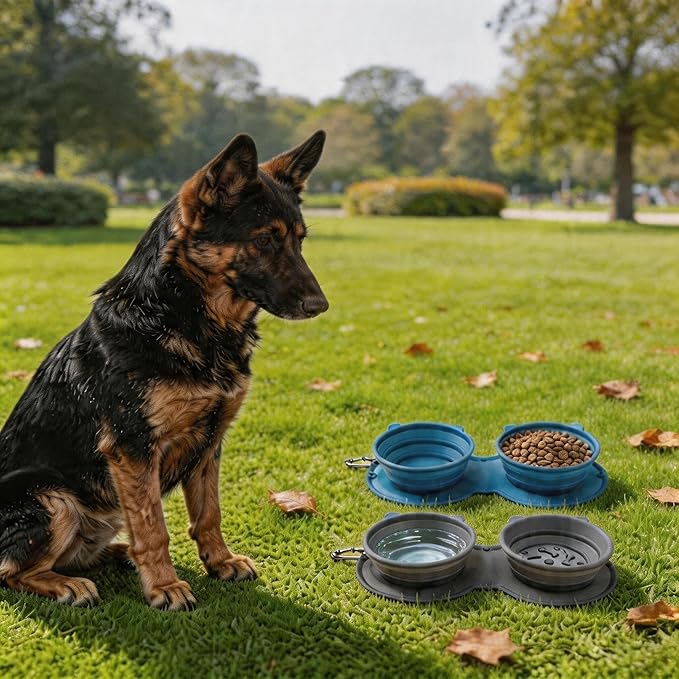 2-in-1 Collapsible Dog Bowl for Travel, Portable Dog Water Bowl with Carabiner Clip, Foldable Silicone Food Dish for Pets Outdoor Hiking Camping Walks (Gray)