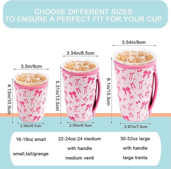 KJQJLY 3 Pack Reusable Iced Coffee Sleeves for Iced Coffee Cups or Drinks Reusable Neoprene Insulated Sleeves for Hot and Cold Drinks from Starbucks, Dunkin, And More (Pink bow)