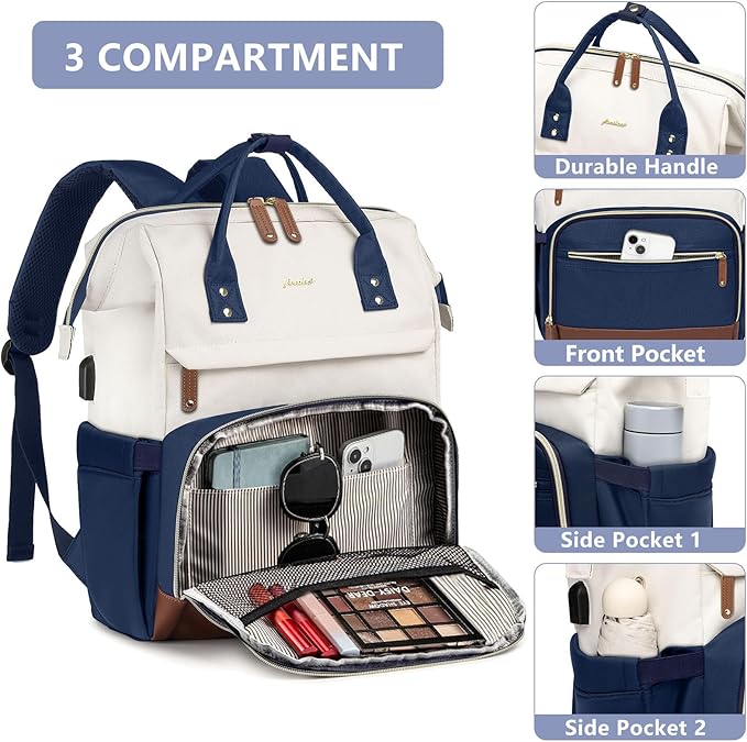 Focdod Laptop Backpack for Womem Work Bags: 15.6 Inch Travel BackPacks Durable Back Pack With USB Charging Port Anti Theft Fashion College BookBag Purse Bussiness Daypack for Nurse Teacher Navy Beige