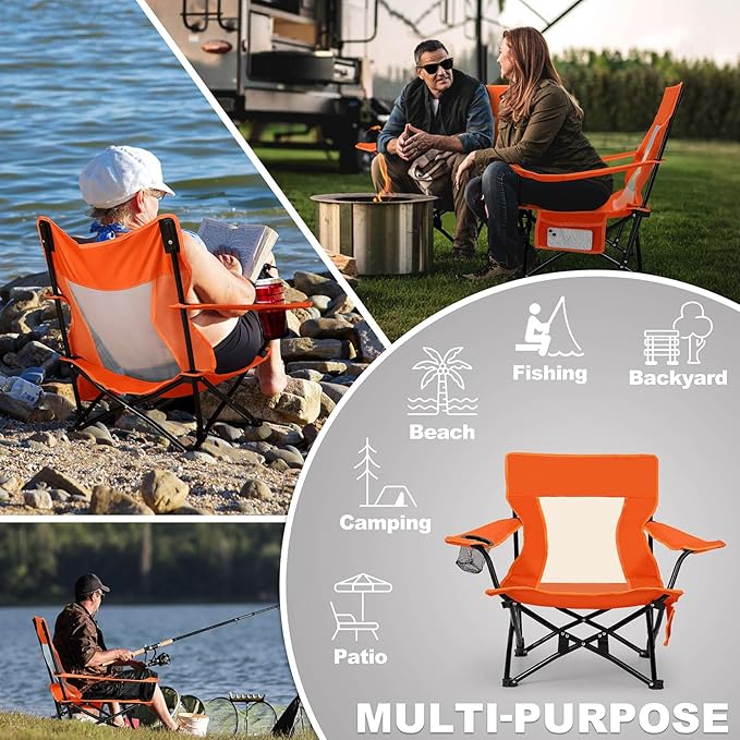 Joyfair Beach Camping Chair (2 Pack), Outdoor Folding Lawn Chair for Adults, Heavy Duty Portable Chair with Armrest for Outside Fishing, Sport, Patio, Cup Holder & Storage Pocket, Carry Bag (Orange)