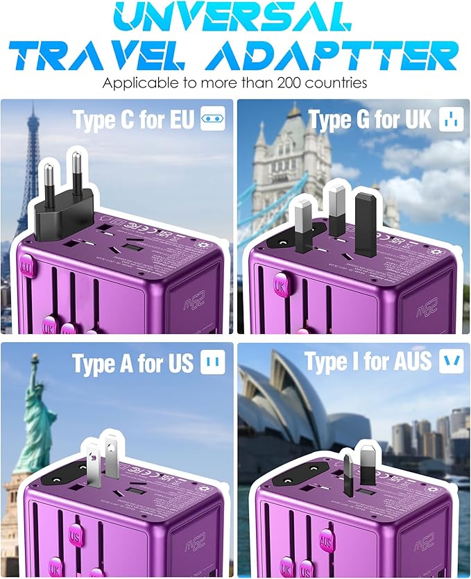 Universal Travel Adapter with 3 USB-C + 2 USB-A Ports 30W Fast Charging, 2500W AC Outlet, International Power Adapter for Europe UK Japan, Travel Charger for Phones Laptop 200+ Countries (Purple)