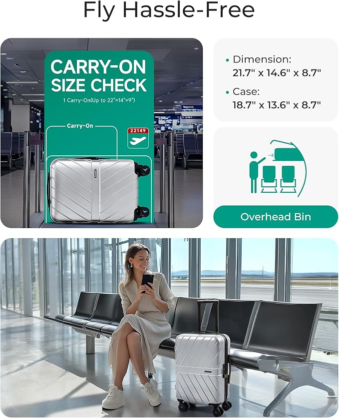 BAGSMART Carry On Luggage 22x14x9 Airline Approved With TSA Lock, 1OO% Polycarbonate Hardside Luggage with Spinner Wheels,Durable Hard Shell Carry On Suitcase 20 inch Silver