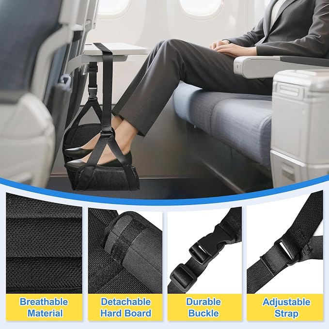 Airplane Foot Hammock for Plane Travel, Detachable Bamboo Airplane Foot Rest for Long Flight, Desk Foot Hammock with Extended Adjustable Strap to Relax Your Feet, Foot Sling Travel Essentials