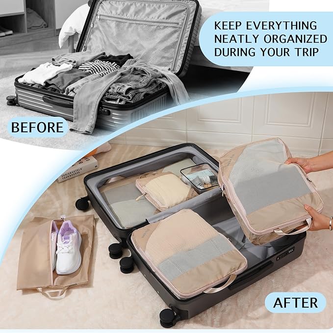 PFEYRPK Lightweight Compression Packing Cubes for Suitcases, Compressible Expandable Travel Packing Organizer with Clear Toiletries and Backpack Bag, Travel Essentials for Carry on Luggage 7 Set