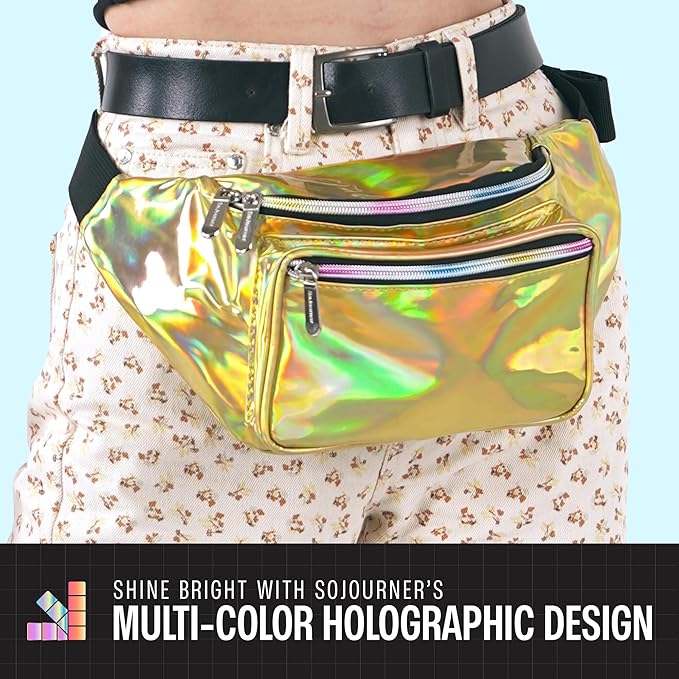 Holographic Fanny Pack Belt bag - Crossbody Waist Bag for Men or Women - Hands-Free, Waterproof Large Bumbag for Hiking, Running, and Travel (Gold)