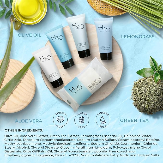 H2O Therapy Amenity Kit | Hotel Bulk Toiletries | 0.85 oz Shampoo, Conditioner, Lotion, Body Wash, Body Bar Soap for Guest Hospitality Vacation Rentals | 15 Sets/Case