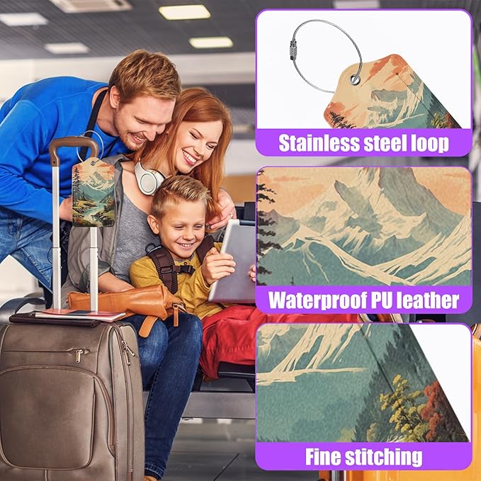 3 Pack Mountain Lake Scenery Luggage Tags for Suitcase Forest PU Leather Travel Luggage Tag Privacy Cover ID Label for Women Men Baggage Backpack Handbag School Bag