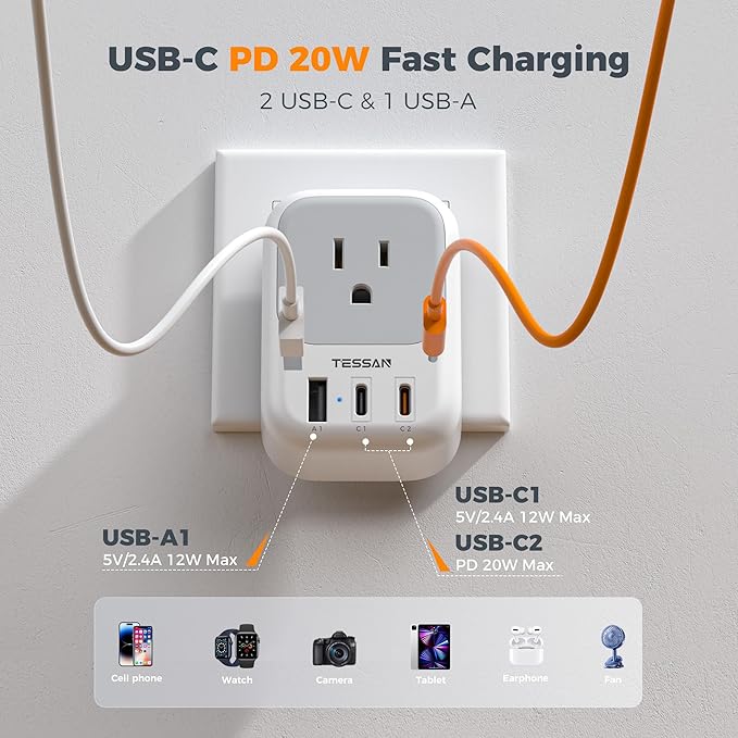 TESSAN Brazil Plug Adapter 2 Pack, 7 in 1 PD 20W Travel Adaptor with 4 Electrical Outlets and 3 USB Charger Ports (1 USB-A, 2 USB-C), Type N Power Adapters for US to Brasil Brazilian