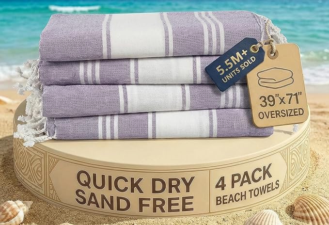 LANE LINEN Beach Towels 4 Pack Oversized - Turkish Towel Set, Pre-Washed Oversized Beach Towel, Quick Dry Beach Towels for Travel, Large Pool Towels, 39"x71" - Day Break