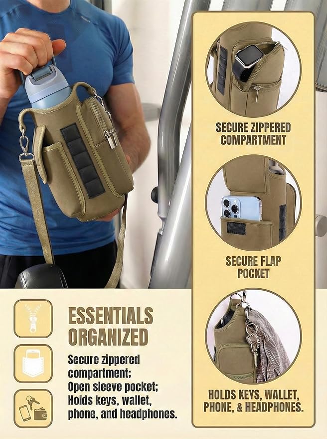 Magnetic Gym Tote Bag Holder for 18-40 oz Water Bottle,Neoprene Pouch with Phone Pocket,Men Women Workout Accessories