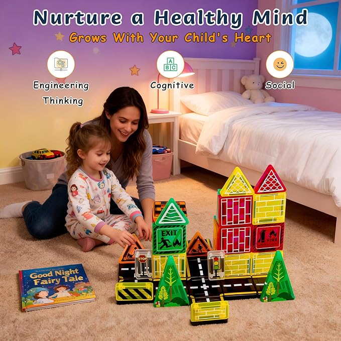 Magnetic Tiles,42PCS Magnetic Building Blocks with Metal Storage Box,Magnetic Tiles for Kids Ages 3+,Magnet Tiles for Boys & Girls (Road)