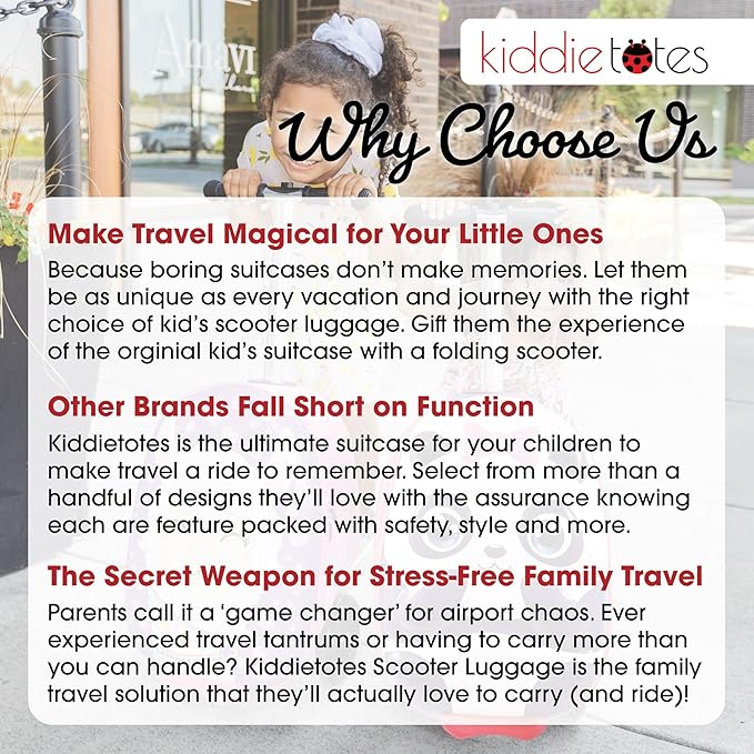 KIDDIETOTES Ride-On Scooter Suitcase for Kids – Hardside Lightweight Carry-On Luggage with Foldable Scooter, LED Wheels, Travel Fun for Toddlers & Children