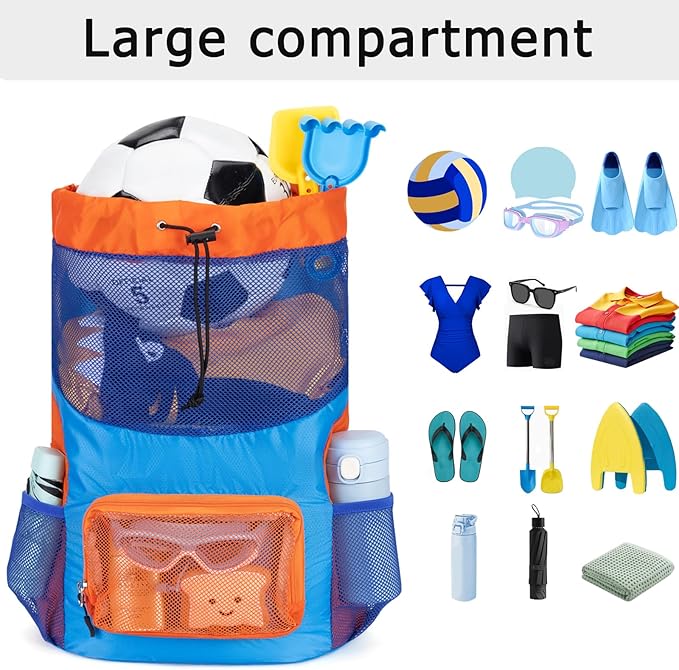 Swim Bag for Kids Mesh Beach Backpack for Boys Lightweight Drawstring Beach Bag Swimming Pool Sports Gym String Bag (Blue)