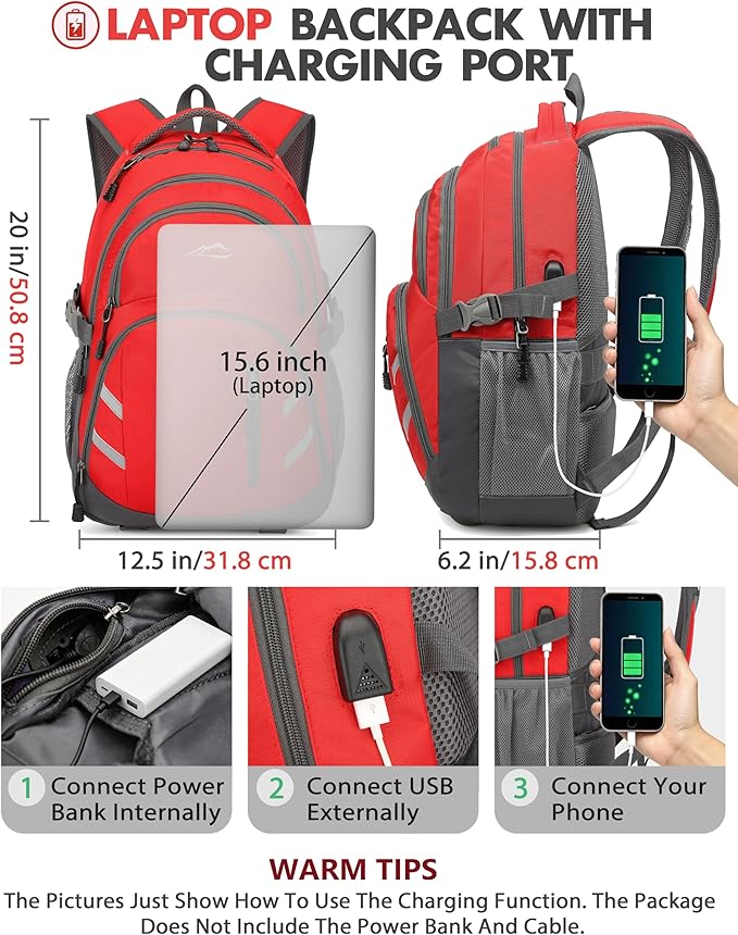 ProEtrade Backpack Bookbag for College Laptop Travel, Fit Laptop Up to 15.6 inch with USB Charging Port Multi Compartment Anti theft, Gift for Women Men (Red)