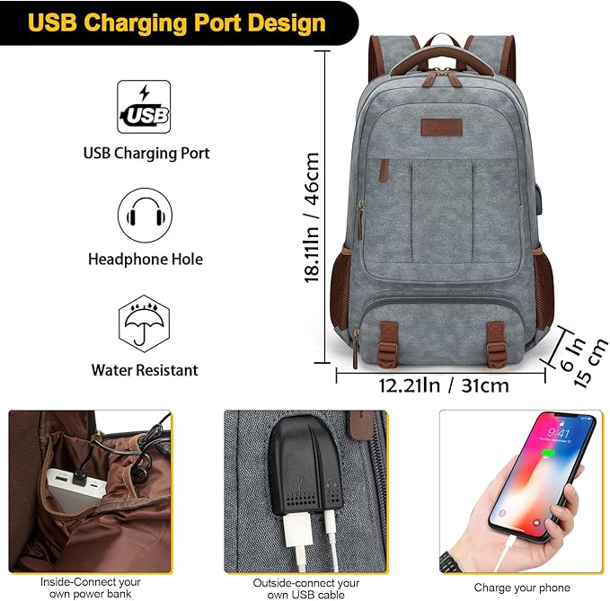 Tzowla Canvas Laptop Backpack, Bag for Men Women,Travel Work Rucksack Fits 15.6 Inch Laptop, Large Capacity Bookbag(Light Grey)