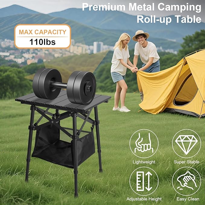 Folding Camping Table - Small Outdoor Table with Storage Bag - Adjustable Height 14.2'' & 18.9'', Portable Lightweight Aluminum Foldable Side Table for Picnic, BBQ, Beach & Tailgating (Small)