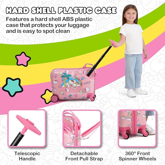 FUL Hello Kitty 19 Inch Carry On Luggage, Kids Ride On Suitcase with Spinner Wheels, Hardshell Rolling Travel Trolley, Pink