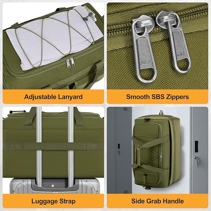 RAINSMORE 3 in 1 Gym Bag for Men, 45L Large Sports Duffle Bag with Shoe Compartment and Wet Pocket, Water-Resistant Tactical Backpack Carry On for Travel, Workout & Military Gear, Green