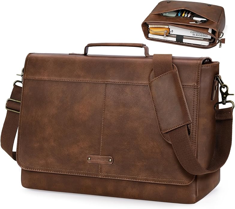 RAINSMORE Vintage Flap Messenger Bag for Men PU Leather Laptop Bag 15.6 Inch Mens Briefcase Waterproof Satchel Computer Bag