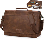 RAINSMORE Vintage Flap Messenger Bag for Men PU Leather Laptop Bag 15.6 Inch Mens Briefcase Waterproof Satchel Computer Bag