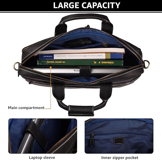 LEATHER VILLAGE 18" Leather Laptop Messenger Briefcase Bag for Men-Leather Satchel for Travel and Office Shoulder Bag- Black