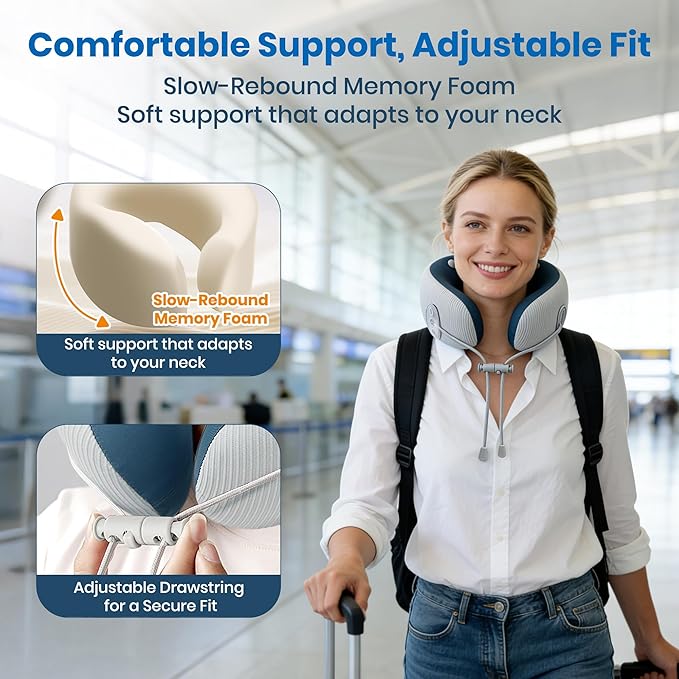 Medicane Neck Travel Pillow with Massage, Neck Pillows with Heat & Gentle Vibration Massage with Ergonomic Foam, Perfect for Airplane, Car, Office, Home, Pain Relief,Sleeping,Traveling,Long Flight