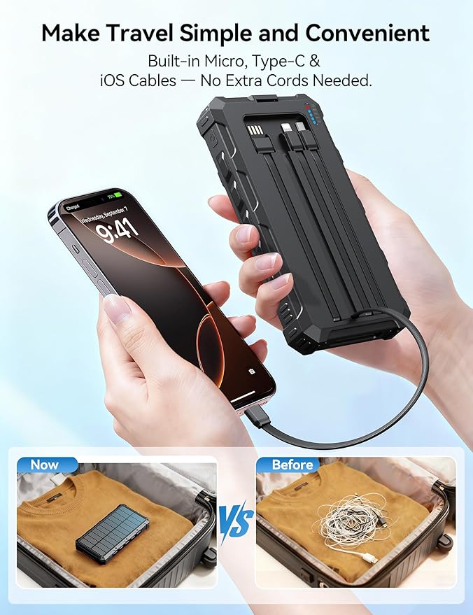 Solar-Charger-Power-Bank - 20000mah Solar Powered Battery Charger Cell Phone,20W Fast Charging Built in Cables,Camping Essentials Portable External Battery Pack Compatible with Multiple Devices