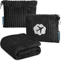 PAVILIA Travel Blanket Pillow, Airplane Blanket Set in Soft Bag with Pockets, Plane Blanket Compact Packable, Flight Essentials Car Pillow, Travelers Accessories Gifts, Luggage Strap, Black