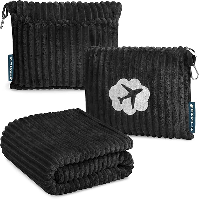 PAVILIA Travel Blanket Pillow, Airplane Blanket Set in Soft Bag with Pockets, Plane Blanket Compact Packable, Flight Essentials Car Pillow, Travelers Accessories Gifts, Luggage Strap, Black