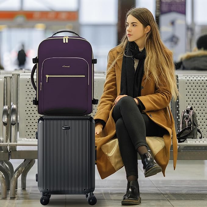 LOVEVOOK 40L Large Travel Backpack for Women Men, 17 Inch Carry on Backpack for Traveling on Airplane, Personal Item Travel Bag Airline Approved, Business Causal Weekender Backpack, Purple-Black
