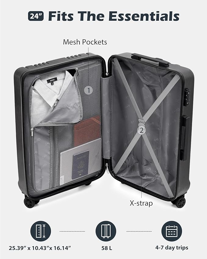 Coolife Luggage PC+ABS Hardshell Suitcase with TSA Lock, Spinner Checked Lightweight (grey, M(24IN))