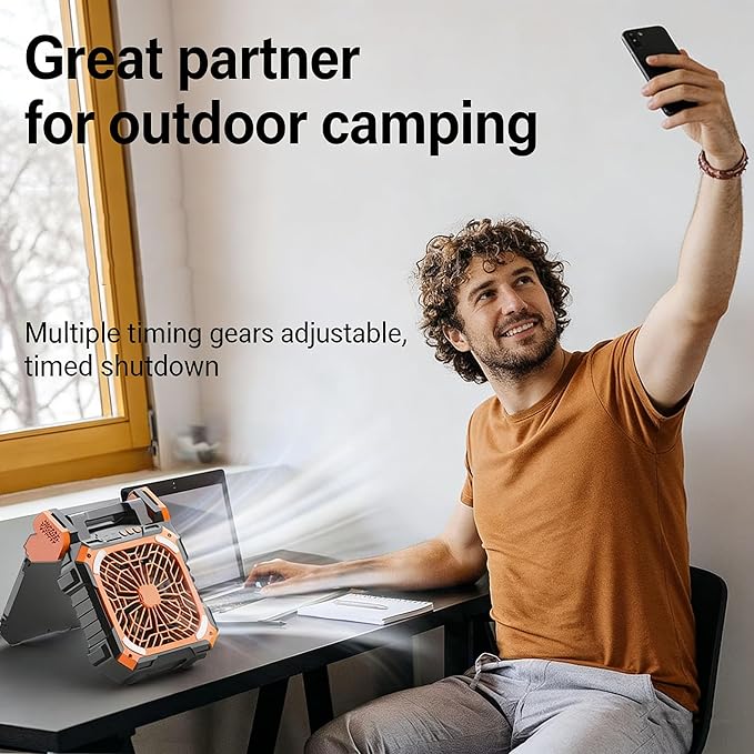 Upgraded Solar Camping Fan with Lantern - Rechargeable Battery Operated Fan 90° Adjustable Portable Table Fan for Hurricane Power Indoor Outdoor Use(Orange)