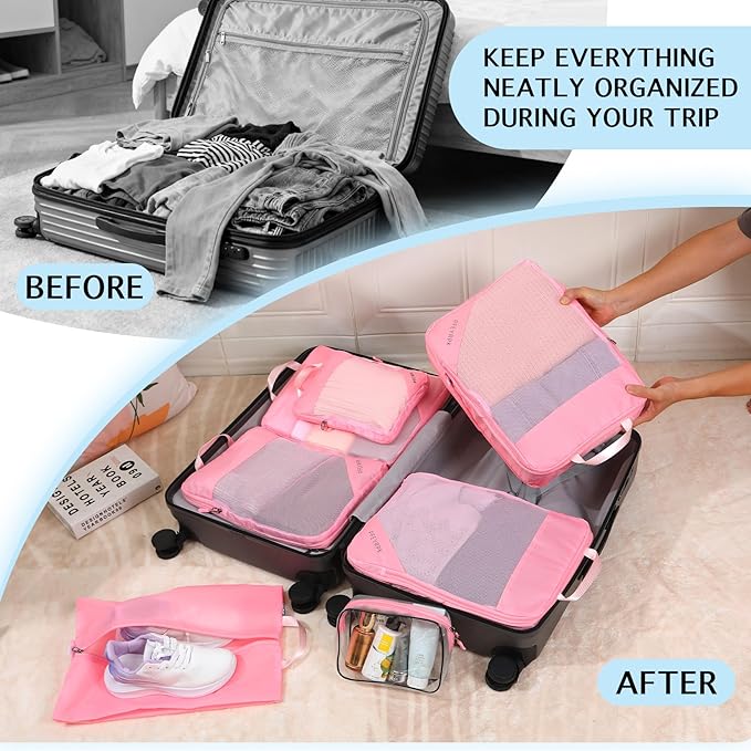 PFEYRPK Lightweight Compression Packing Cubes for Suitcases, Compressible Expandable Travel Packing Organizer with Clear Toiletries and Backpack Bag, Travel Essentials for Carry on Luggage 7 Set