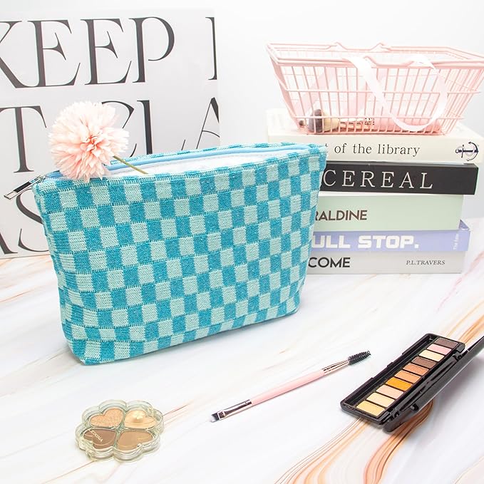 PAZIMIIK Knitted Checkered Makeup Bag Large Zipper Make Up Accessory Pouch for Purse Cosmetic Brush Bag for Travel Essential Lake Blue